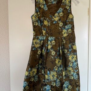 Karen Millen Floral Jacquard Dress in Olive, Blue & Brown size 8